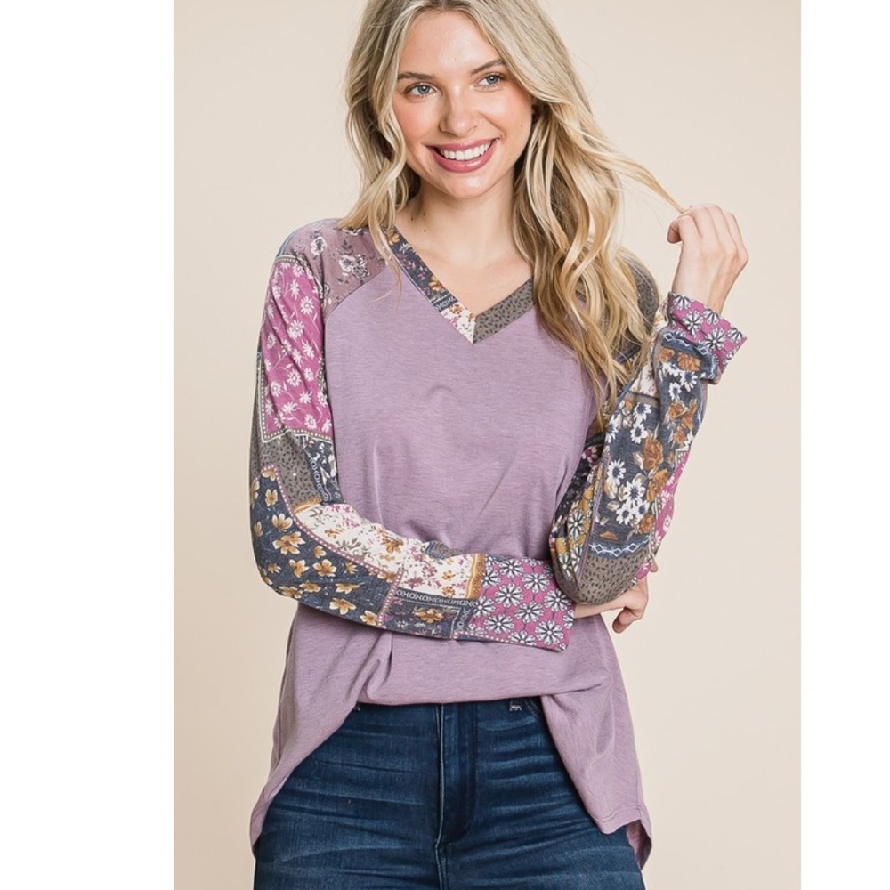 NWOT Boho Patchwork Long Sleeve Top - Purple Multi